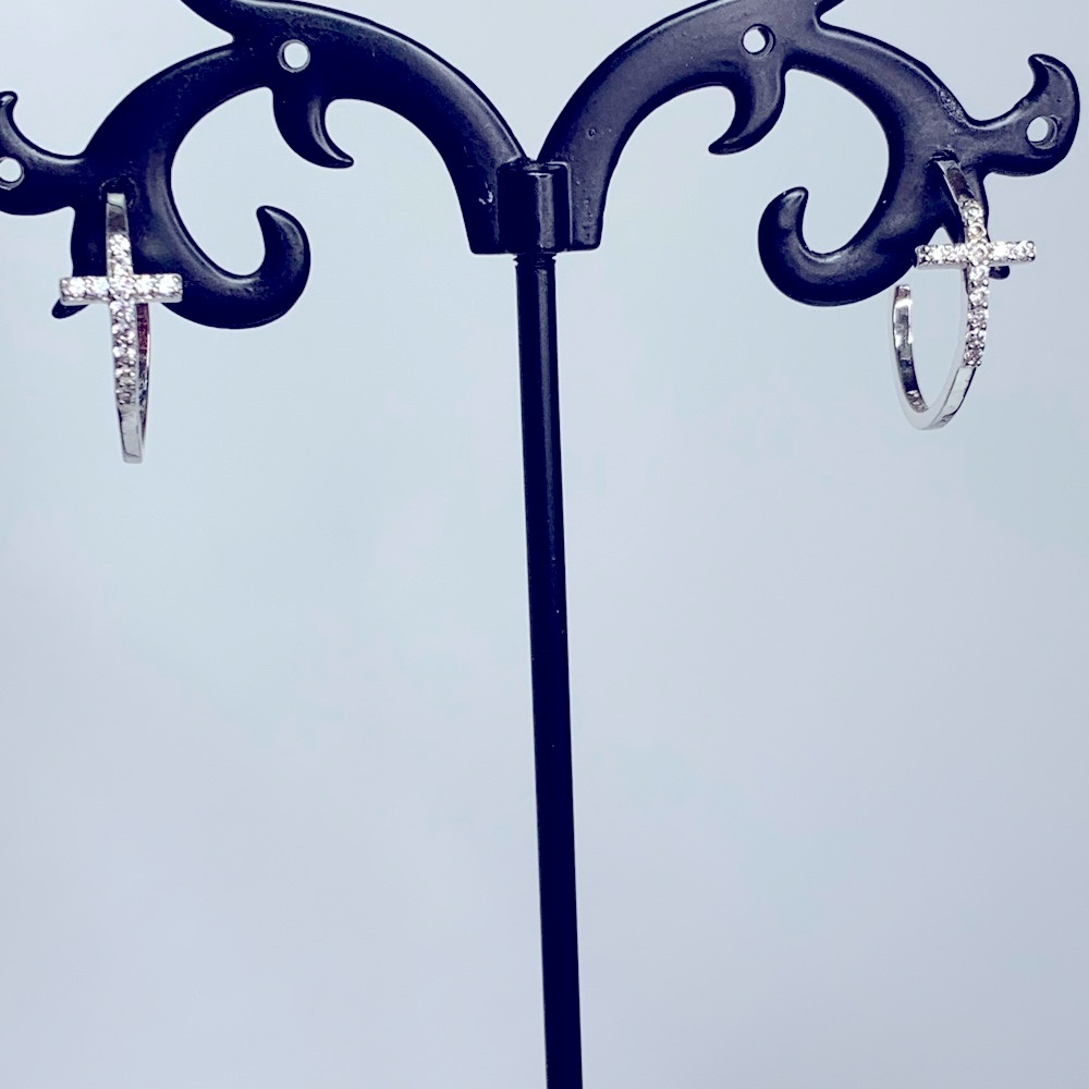 Sterling Silver & CZ Cross Hoops on Posts